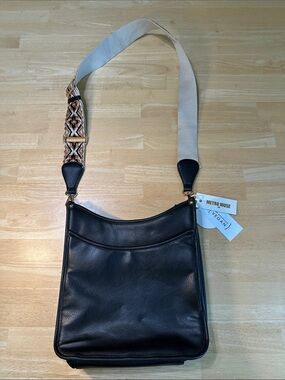 Metro Black Vegan Leather Crossbody with Patterned Strap